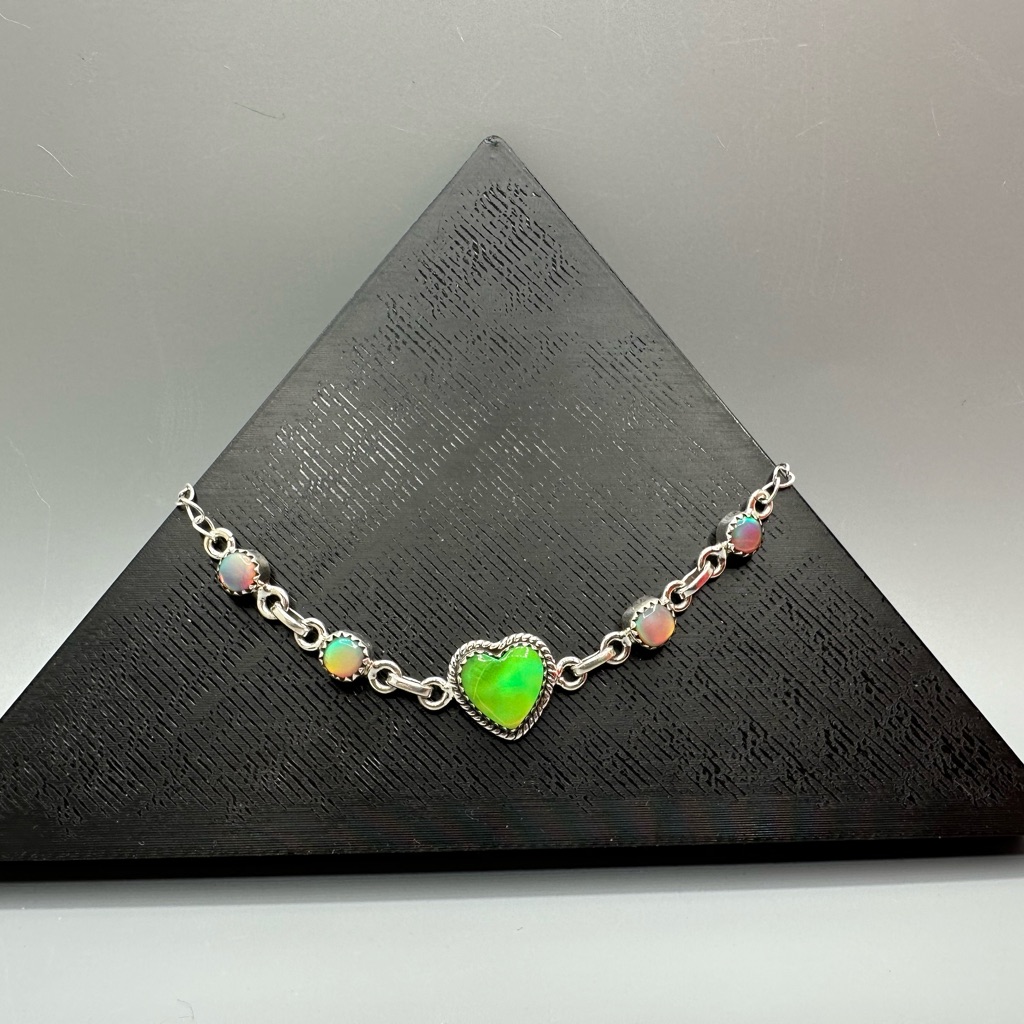 Neon Green Aurora Opal Heart-Shaped Sterling Silver 925 Bracelet Handmade Heart 100$